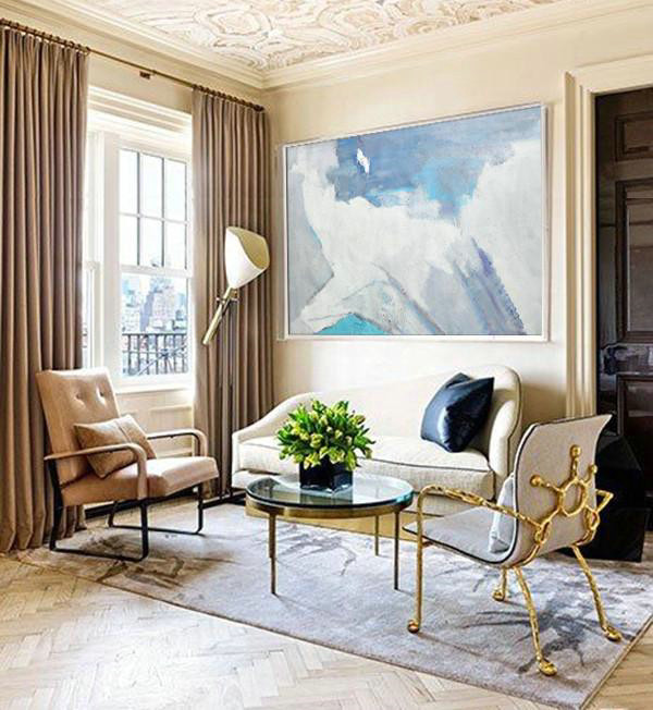 Modern Living Room Decor,Oversized Horizontal Contemporary Art,Contemporary Art Acrylic Painting,White,Grey,Blue.etc